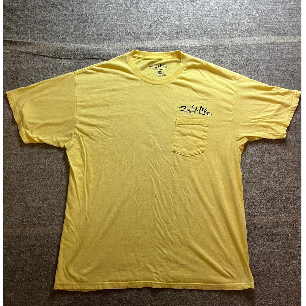 Salt Life Mens XL Yellow Pocket T-Shirt Live Salty Surf Wagon Board Repair Tee